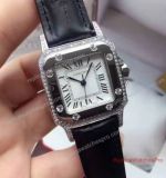 Copy Cartier Santos Watch Diamond Bezel Black Leather